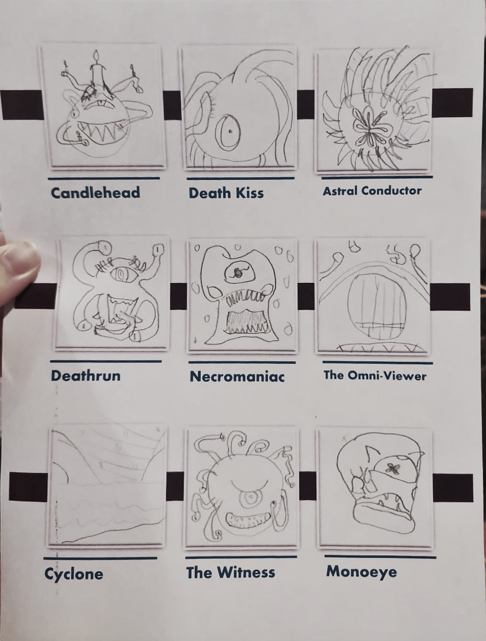 Sketches of the nine escaped beholders: “Candlehead”, “Death Kiss”, “Astral Conductor”, “Deathrun”, “Necromaniac”, “The Omni-Viewer”, “Cyclone”, “The Witness”, and “Monoeye”.